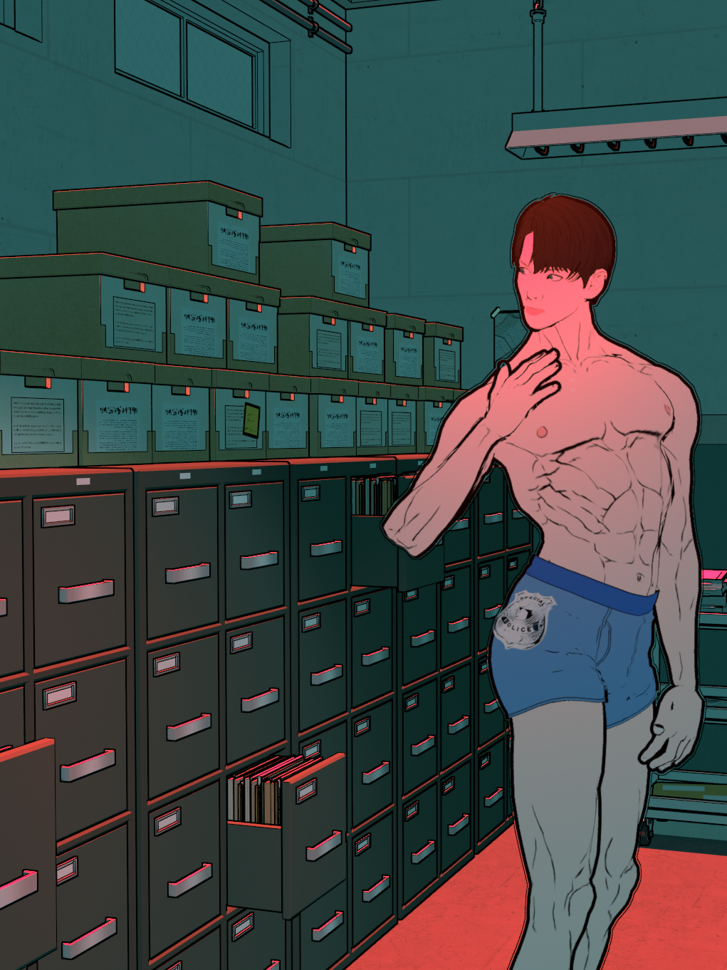 Bob Bingi searching an ABLUR-built records room lit in red