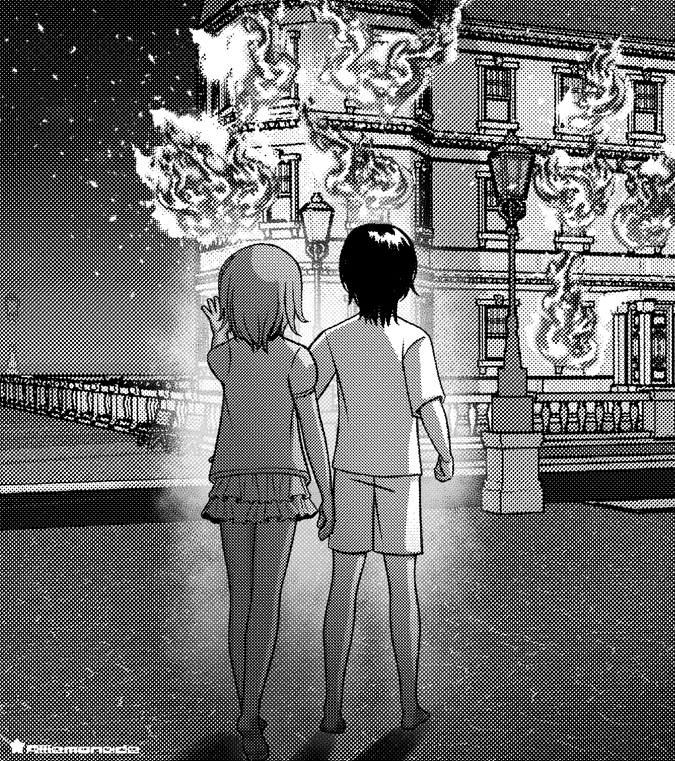 Black and white comic scene by Allie, built with ABLUR screen tones