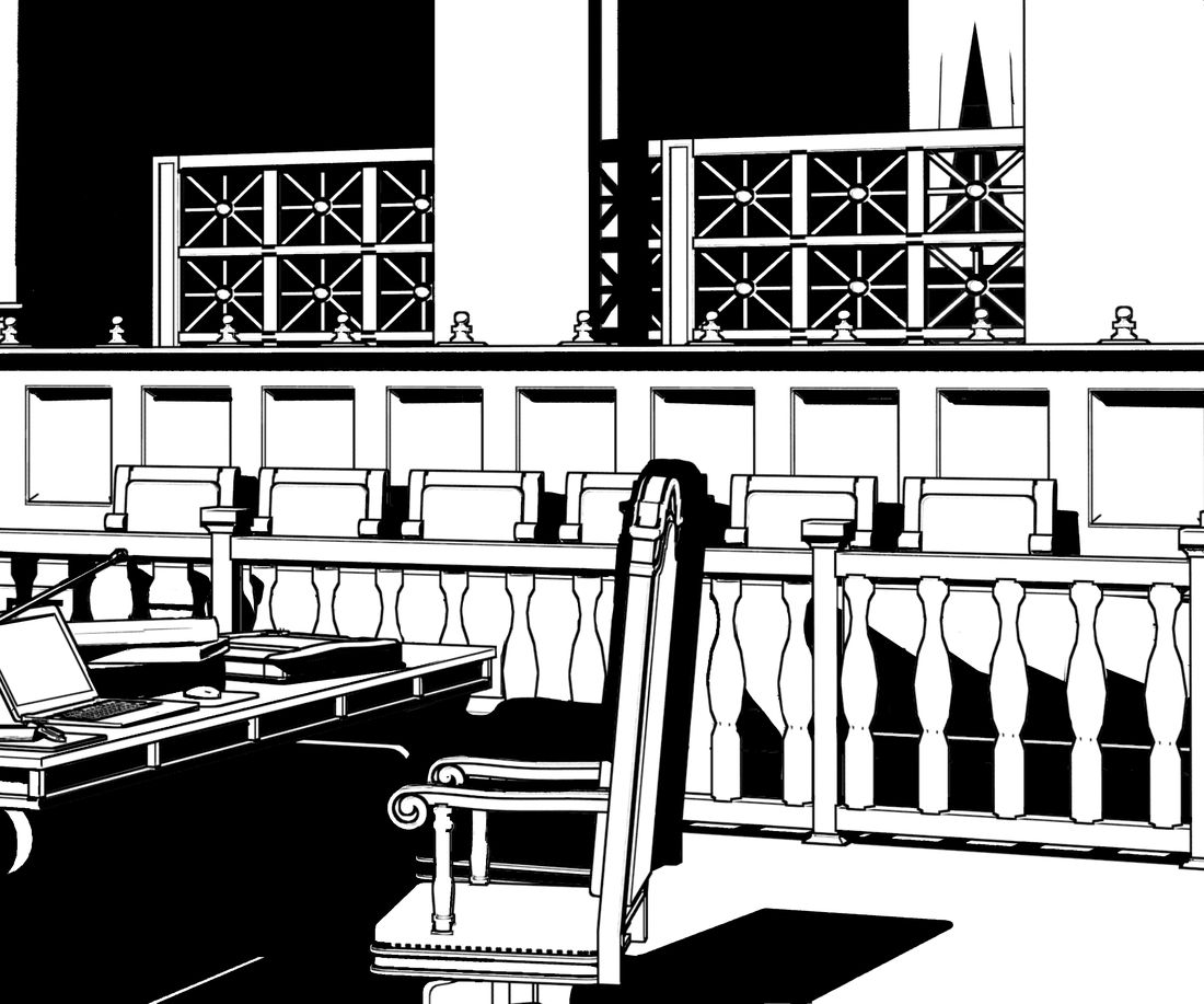 The same courtroom from a mid two-shot angle